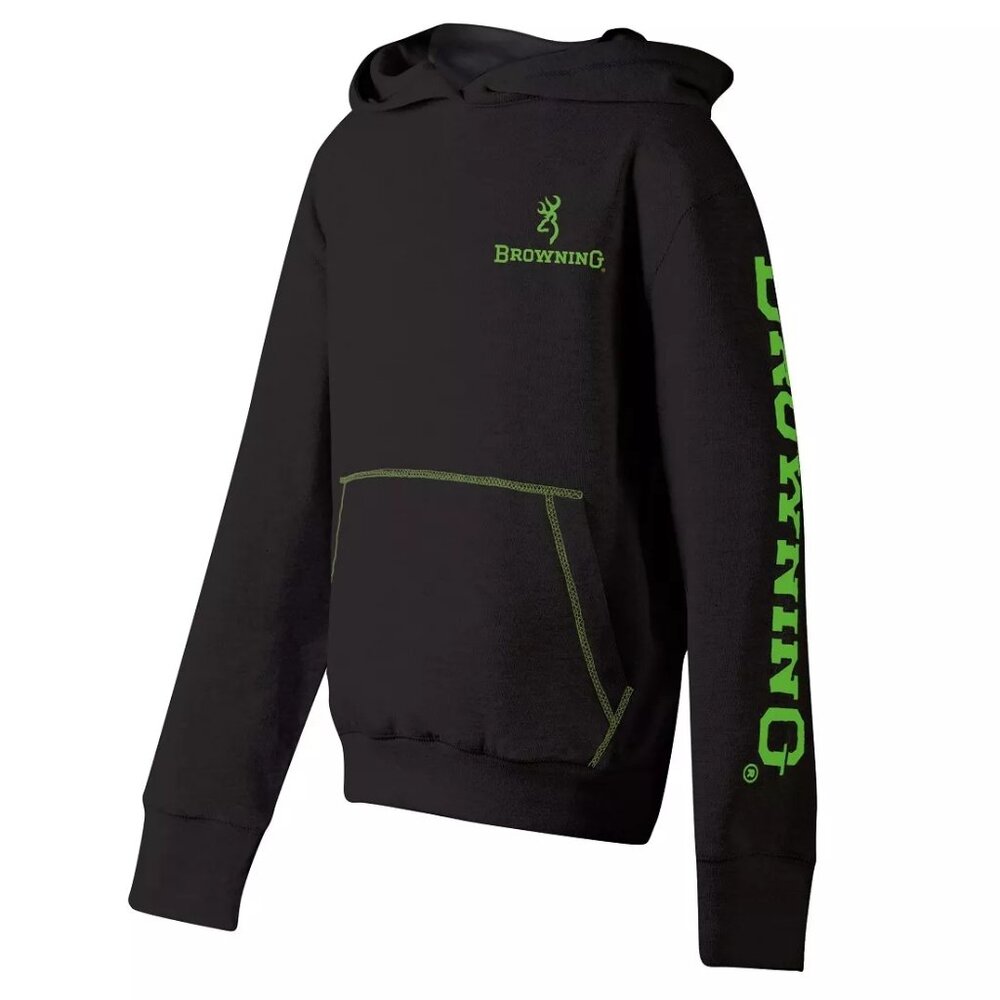 Browning Youth Boys Black Hoodie Green Buckmark Hooded Sweatshirt